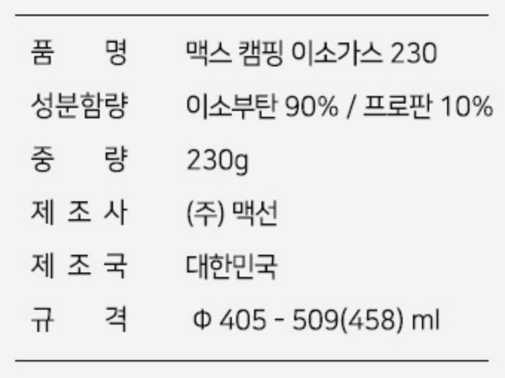 맥썬 캠핑부탄230G_상세이미지