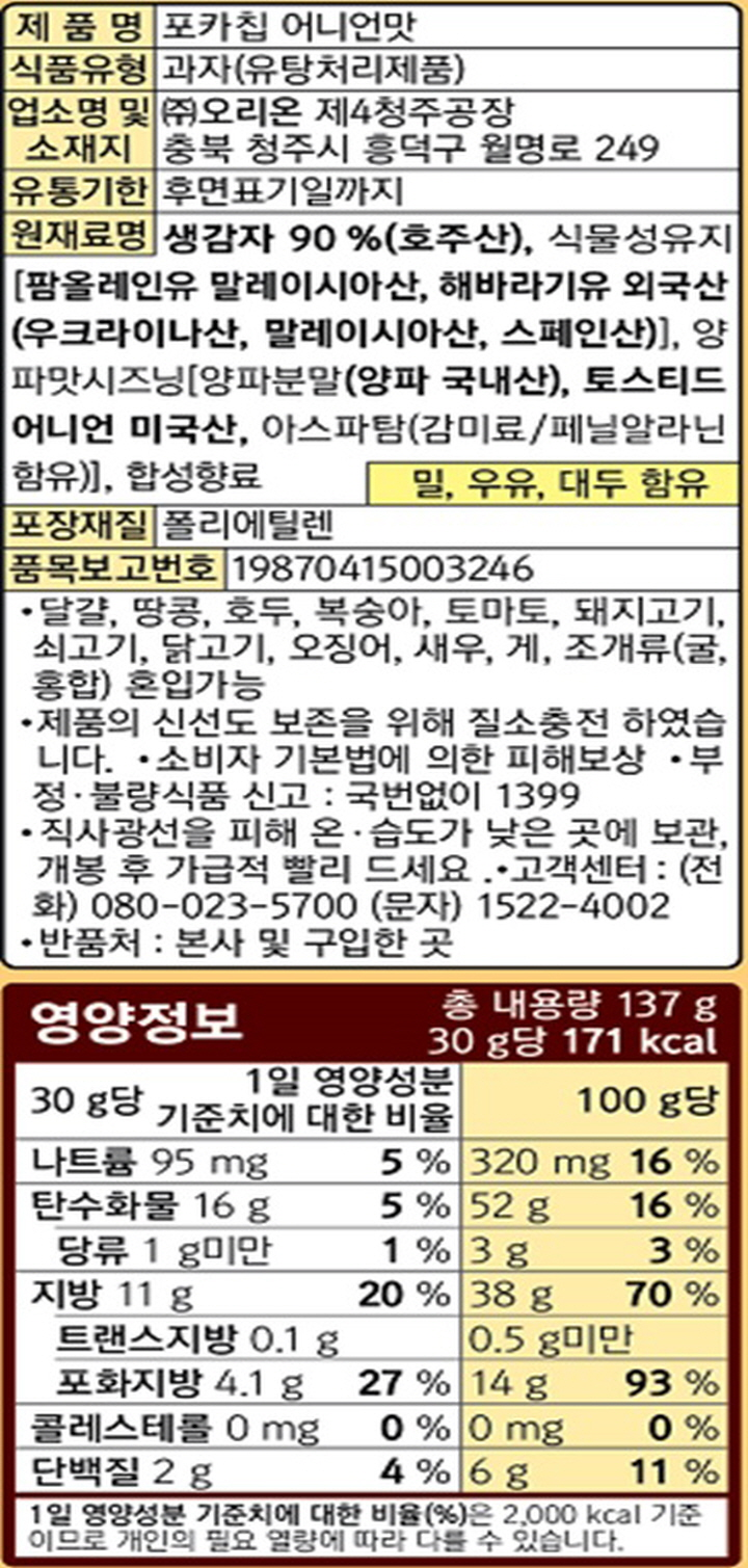 제품명:포카칩어니언맛/식품유형:과자(유탕처리제품)/업소명및소재지:㈜오리온,제4청주공장,충북청주시흥덕구월명로249/유통기한:후면표기일까지/원재료명:생감자90%(호주산),식물성유지[팜올레인유:말레이시아산,해바라기유:외국산(우크라이나산,말레이시아산,스페인산)],양파맛시즈닝[양파분말(양파:국내산),토스티드어니언:미국산,아스파탐(감미료/페닐알라닌함유)],합성향료,밀,우유,대두,함유/포장재질:폴리에틸렌/품목보고번호:19870415003246/달걀,땅콩,호두,복숭아,토마토,돼지고기,쇠고기,닭고기,오징어,새우,게,조개류(굴,홍합)혼입가능/제품의신선도보존을위해질소충전하였습니다/소비자기본법에의한피해보상/부정,불량식품신고:국번없이1399/직사광선을피해온습도가낮은곳에보관,개봉후가급적빨리드세요/고객센터:(전화)080-023-5700(문자)1522-4002/반품처:본사및구입한곳/영양정보:총내용량137g(30g당171kcal):30g당1일영양성분기준치에대한비율-나트륨95mg(5%),탄수화물16g(5%),당류1g미만(1%),지방11g(20%),트랜스지방0.1g,포화지방4.1g(27%),콜레스테롤0mg(0%),단백질2g(4%)/100g당-나트륨320mg(16%),탄수화물52g(16%),당류3g(3%),지방38g(70%),트랜스지방0.5미만,포화지방14g(93%),콜레스테롤0mg(0%),단백질6g(11%)1일영양성분기준치에대한비율(%)은2,000kcal기준이므로개인의필요열량에따라다를수있습니다