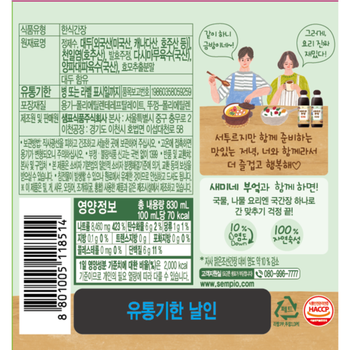 식품유형 한식간장 원재료명 정제수,대두[외국산(미국산, 캐나다산, 호주산등)], 천일염(호주산), 발효주저으 다시마무육수(국산), 양파대파육수(국산), 효모추출분말, 대두 함유 유통기한 병 또는 라벨 표시일까지 품목보고번호 19860358059259 포장재질 용기-폴리에틸렌테레프탈레이트, 뚜껑- 폴리에틸렌 제조원 및 판매원 샘표식품주식회사 본사: 서울특별시 중구 충무로2 이천공장: 경기도 이천시 호법면 이섭대천로58 보관방법: 직사광선을 피하고 건조하고 서늘한 고셍 보관하여 주십시오(개봉 후에는 냉장보관하시면 좋습니다.) 고온에 접촉하면 용기가 변형되오니 주의하십시오. 부정 불량식품 신고는 국번없이 1399 반품 및 교환처: 본사 및 구입처 본 제품은 소비자 기본법의 일반적 소비자 분쟁해결기준에 의거, 교환 등의 보상을 받으실 수 있습니다. 침전물이 발생할 수 있으나 원료에서 유래한 것이므로 안심하고 드셔도 됩니다. 이 제품은 밀, 게, 새우, 오징어, 조개류(굴, 홍합) 사용한 제품과 같은 제조시설에서 제조하고 있습니다. 영양정보 총 내용량 830mL 100mL당 70kcal 나트륨 8460mg 426% 탄수화물 6g 2% 당류 1g 1% 지방 0.1g 0% 트랜스지방 0g 0% 포화지방 0g 0% 콜레스테롤 0mg 0% 단백질 6g 11% 1일 영양성분 기준치에 대한 비율(%)은 2,000kcal 기준이므로 개인의 필요 열량에 따라 다를 수 있습니다. 같이 하니 금방이네~! 그러게, 요리 진짜 재밌다! 서투르지만 함께 준비하는 맛있는 저녁, 너와 함께라서 더 즐겁고 행복해 새미네 부엌과 함께 하면! 국물, 나물 요리엔 국간장 하나로 간 맞추기 걱정 끝! 10% 염도 DOWN 100% 자연숙성 *자사 맑은조선간장 대비 염도 약 10% 감소 고객지원실(요금은 샘표가 부담합니다) 080-996-7777 www.sempio.com 페트 라벨:PP 뚜껑:LDPE 식품안전관리인증 HACCP 식품의약품안전처 유통기한 날인