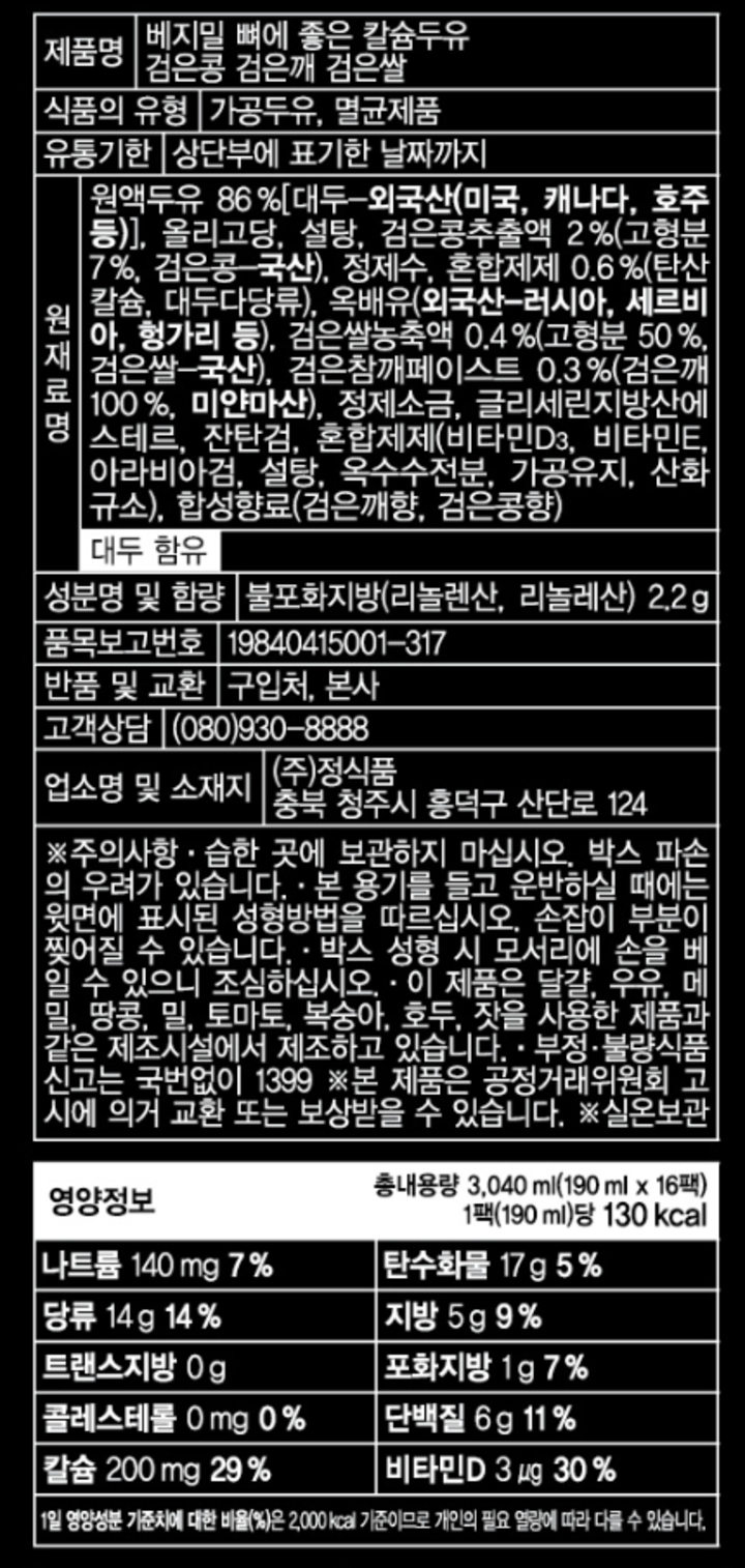 제품명 베지밀 뼈에 좋은 칼슘두유 검은콩 검은깨 검은쌀 식품의 유형 가공두유, 멸균제품 유통기한 상단부에 표기한 날짜까지 원재료명 원액두유 86%[대두-외국산(미국, 캐나다, 호주 등)], 올리고당, 설탕, 검은콩추출액 2%(고형분 7%, 검은콩-국산), 정제수, 혼합제제 0.6%(탄산칼슘, 대두다당류), 옥배유(외국산-러시아, 세르비아, 헝가리 등), 검은쌀농축액 0.4%(고형분 50%, 검은쌀-국산), 검은참깨페이스트 0.3%(검은깨 100%, 미얀마산), 정제소금, 글리세린지방산에스테르, 잔탄검, 혼합제제(비타민D3, 비타민E, 아라비아검, 설탕, 옥수수전분, 가공유지, 산화규소), 합성향료(검은깨향, 검은콩향) 대두 함유 성분명 및 함량 불포화지방(리놀렌산, 리놀레산) 2.2g 품목보고번호 19840415001-317 반품 및 교환 구입처, 본사 고객상담 (080)930-8888 업소명 및 소재지 (주)정식품 충북 청주시 흥덕구 산단로 124 *주의사항 습한 곳에 보관하지 마십시오. 박스 파손의 우려가 있습니다. 본 용기를 들고 운반하실 때에는 윗면에 표시된 성형방법을 따르십시오. 손잡이 부분이 찢어질 수 있습니다. 박스 성형 시 모서리에 손을 베일 수 있으니 조심하십시오. 이 제품은 달걀, 우유, 메밀, 땅콩, 밀, 토마토, 복숭아, 호두, 잣을 사용한 제품과 같은 제조시설에서 제조하고 있습니다. 부정 불량 식품 신고는 국번없이 1399 *본 제품은 공정거래위원회 고시에 의거 교환 또는 보상받을 수 있습니다. 영양정보 총 내용량 3,040ml(190mlx16팩) 1팩(190ml)당 130kcal 나트륨 140mg 7% 탄수화물 17g 5% 당류 14g 14% 지방 5g 9% 트랜스지방 0g 포화지방 1g 7% 콜레스테롤 0mg 0% 단백질 6g 11% 칼슘 200mg 29% 비타민D 3마이크로그램 30% 1일 영양성분 기준치에 대한 비율(%)은 2,000kcal 기준이므로 개인의 필요 열량에 따라 다를 수 있습니다.