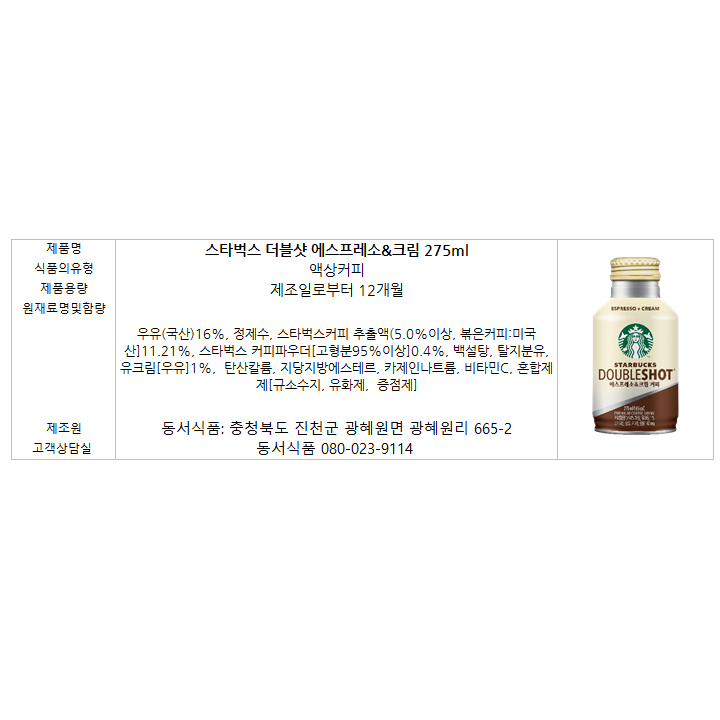 제품명: 스타벅스 더블샷 에스프레소&크림 275ml 식품의 유형: 액상커피 우통기한: 제조일로부터 12개월 원재료명및함량: 우유(국산)16%, 정제수, 스타벅스커피 추출액(5.0% 이상, 볶은커피:미국산) 11.21%, 스타벅스 커피파우더[고형분 95%이상] 0.4%, 백설탕, 탈지분유, 유크림(우유) 1%, 탈산칼륨, 지당지방에스테르, 카제인나트륨, 비타민C, 혼합제제(규소수지, 유화제, 증점제) 제조원: 동서식품: 충청북도 진천군 광혜원면 광혜원리 665-2 고객상담실: 동서식품 080-023-9114 영양정보 1회 제공량 열량 46 kcal 탄수화물 11g 3%, 당류 11g 11%, 단백질 1g 1%, 지방 0g 0%, 트랜스지방 0g, 포화지방 0g 0%, 콜레스테롤 0mg 0%, 나트륨 25mg 1%
