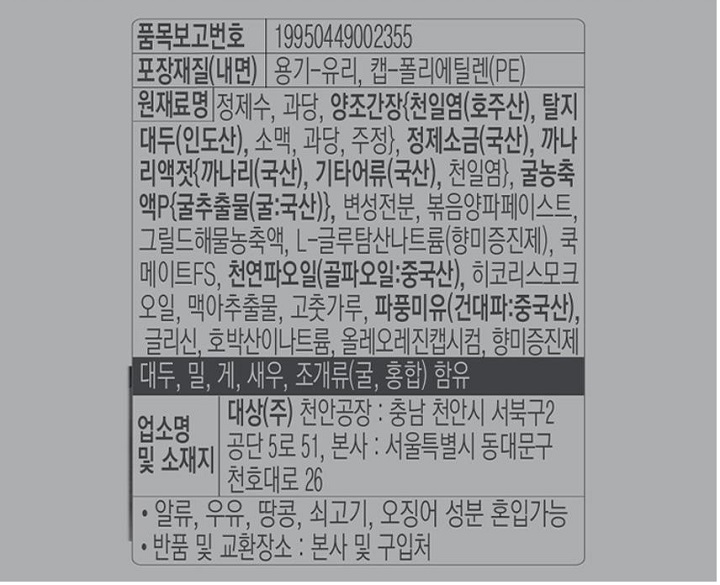 품목보고번호 19950449002355 포장재질(내면) 용기-유리,캡-폴리에틸렌(PE) 원재료명 정제수, 과당, 양조간장{천일염(호주산), 탈지대두(인도산), 소맥,과당, 주정}, 정제소금(국산), 까나리액젓{까나리(국산), 기타어류(국산), 천일염}, 굴농축액P{굴추출물(굴:국산)}, 변성전분, 볶음양파페이스트, 그릴드해물농축액,L-글루탐산나트륨(향미증진제), 쿡메이트FS, 천연파오일(골파오일:중국산), 히코리스모크오일, 맥아추출물, 고춧가루, 파풍미유(건대파: 중국산), 글리신, 호박산이나트륨, 올레오레진캡시컴, 향미증진제 대두,밀,게,새우,조개류(굴,홍합) 함유 업소명 및 소재지 대상(주) 천안공장: 충남 천안시 서북구 2공단5로 51, 본사: 서울특별시 동대문구 천호대로 26 알류,우유, 땅콩, 쇠고기, 오징어 성분 혼입가능. 반품 및 교환장소: 본사 및 구입처