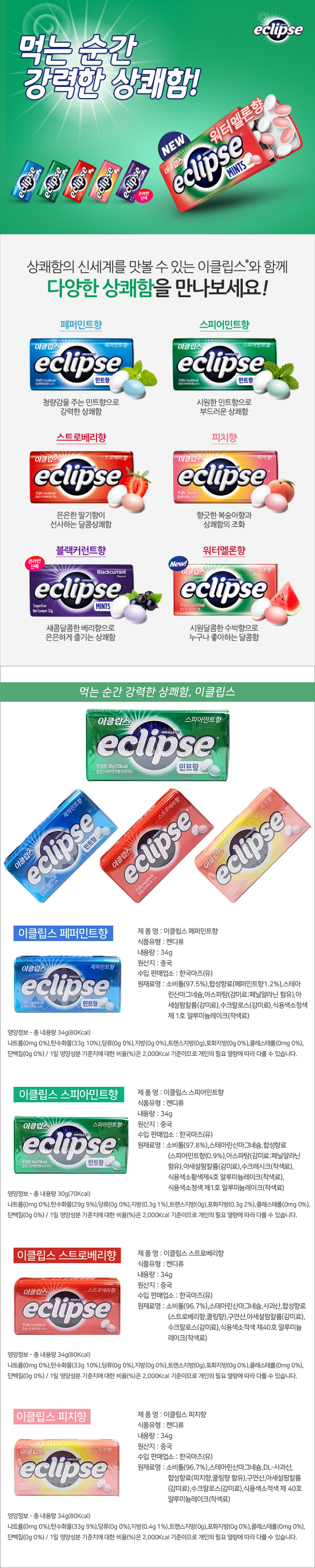 이클립스 페퍼민트향 / 제품향 : 이클립스 페퍼민트향 / 식품유형 : 캔디류 / 내용량 : 34g / 원산지 : 중국 / 수입판매업소 : 한국마즈(유) / 원재료명 : 소비톨(97.5%),합성향료(페퍼민트향1.2%),스테아린산마그네슘,아스파탐(감미료 페닐알라닌 함유),아세설팜칼륨(감미료),수크랄로스(감미료),식용색소청색제1호 알루미늄레이크(착색료) /영양정보 총 내용량 34g(80kcal) / 나트륨(0mg 0%),탄수화물(33g 10%) , 당류(0g 0%), 지방(0g 0%) , 트랜스지방(0g) , 포화지방(0g 0%) , 콜레스테롤(0mg 0%) , 단백질(0g 0%) 1일 영양성분 기준치에 대한 비율(%)은 2,000kcal 기준이므로 개인의 필요 열량에 따라 다를 수 있습니다. / 제품명 : 이클립스 스피어민트향 / 식품유형 : 캔디류 / 내용량 : 34g / 원산지 : 중국 / 수입판매업소 : 한국마즈(유) / 원재료명 : 소비톨(97.8%),스테아린산마그네슘,합성향료(스피어민트향0.9%),아스파탐(감미료 페닐알라닌함유),아세설팜칼륨(감미료),수크레시크(착색료),식용색소황색제4호 알루미늄레이크,식용색소청색제1호 알루미늄레이크(착색료) / 총내용량 : 30g / 나트륨(0mg 0%),탄수화물(29g 9%),당류(0g 0%),지방(0.3g 1%), 트랜스지방(0g), 포화지방(0.3g 2%) , 콜레스테롤(0mg 0%),단백질(0g 0%),1일 영양성분 기준치에 대한 비율(%)은 2,000kcal 기준이므로 개인의 필요 열량에 따라 다를 수 있습니다. / 제품명 : 이클립스 스트로베리향 / 식품유형 : 캔디류 / 내용량 : 34g / 원산지 : 중국 / 수입판매업소 : 한국마즈(유) / 원재료명 : 소비톨(96.7%),스테아린산마그네슘,사과산,합성향료(스트로베리향,쿨링향),구연산,아세설팜칼륨(감미료),수크랄로스(감미료),식용색소적색 제40호 알루미늄레이크(착색료) / 총내용량34g / 나트륨(0mg 0%) , 탄수화물(33g 10%),당류(0g 0%) , 지방(0g 0%) , 트랜스지방(0g),포화지방(0g 0%) , 콜레스테롤(0mg 0%) , 단백질(0g 0%) , 1일영양성분 기준치에 대한 비율(%)은 2,000kcal 기준이므로 개인의 필요 열량에 따라 다를 수 있습니다. / 이클립스 피치향 / 식품유형 : 캔디류 / 내용량 :34g / 원산지 : 중국 / 수입판매업소 : 한국마즈(유) / 원재료명 : 소비톨(96.7%),스테아린산 마그네슘,DL사과산,합성향료(피치향,쿨링향 함유) , 구연산,아세설팜칼륨(감미료),수크랄로스(감미료),식용색소적색 제 40호 알루미늄레이크(착색료) / 총 내용량 34g / 나트륨(0mg 0%),탄수화물(33g 9%) , 당류(0g 0%) , 지방(0.4g 1%) , 트랜스지방(0g) , 포화지방(0g 0%) , 콜레스테롤(0mg 0%) , 단백질(0g 0%) / 1일 영양성분 기준치에 대한 비율(%)은 2,000kcal 기준이므로 개인의 필요 열량에 따라 다를 수 있습니다. 