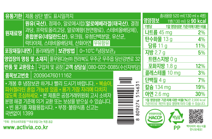 유통기한 제품 상단 별도 표시일까지 원재료명 원유(국산), 정제수, 알로에시럽(알로에베라겔(태국산), 결정과당, 프락토올리고당, 알로에향(천연향료), 스테비올배당체), 혼합분유(네덜란드산), 유크림, 유청단백분말, 유산균, 락타아제, 스테비올배당체, 산화아연, 우유 함유 포장재질(내면) 폴리에틸렌 보관방법 0~10도 냉장보관 영업장장의 명칭 및 소재지 풀무원다돈㈜ 전라북도 무주군 무주읍 당산강변로 32 반품 및 교환장소 구입처 및 공장 고객상담실 080-022-0085(수신자부담) 품목보고번호 20090476011162 개봉 후 냉장보관하거나 빨리 드시기 바랍니다. 복숭아, 피쉬젤라틴 혼입 가능성 있음 용기 가장 자리에 다치지 않도록 조심하세요. 본 제품은 공정거래위원회 고시 소비자 분쟁 해결 기준에 의거 교환 또는 보상을 받을 수 있습니다. 빈 용기를 재활용합시다. 부정 불량 식품 신고는 국번없이 1399 주최: 한국소비자포럼 국내유일 다논 독점 공급 영양정보 총 내용량 520ml(130mlx4병) 1병(130ml)당 90kcal 1병당 1일 영양성분 기준치에 대한 비율 나트륨 45mg 2% 탄수화물 13g 4% 당류 11g 11% 지방 2.7g 5% 트랜스지방 0g 포화지방 1.8g 12% 콜레스테롤 10mg 3% 단백질 4g 7% 칼슘 134mg 19% 아연 2.6mg 30% 1일 영양성분 기준치에 대한 비율(%)은 2,000kcal 기준이므로 개인의 필요 열량에 따라 다를 수 있습니다. 안전관리인증 HACCP 비닐류 PP www.activia.co.kr