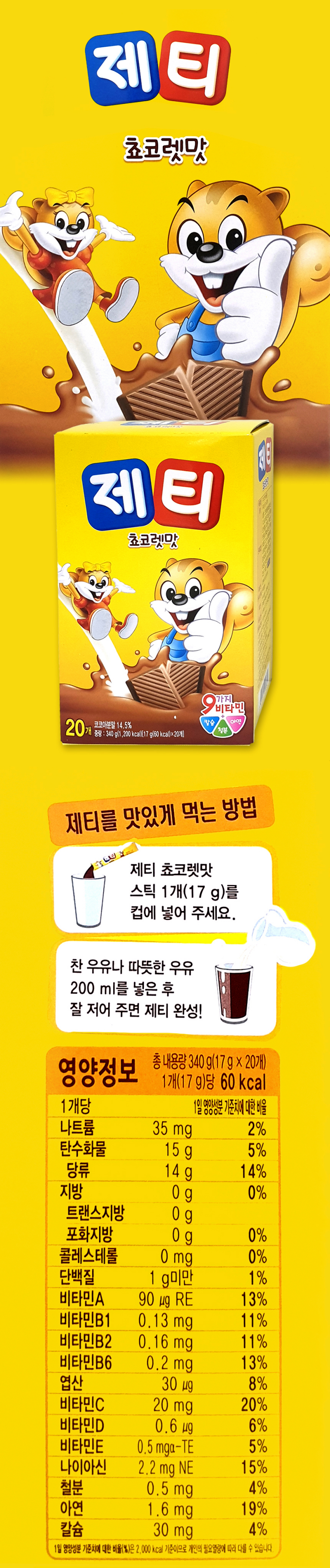제티 초코렛맛 식품의 유형 기타 코코아가공품 원재료명 및 함량 코코아믹스 15%[코코아분말 94.6% 레시틴(대두) 구연산][네덜란드산] 백설탕 바닐린 탄산칼?? 혼합제제[탄산칼슘 젖산철 산화아연] 정제소금[국산] 혼합제제[비타민C DL-토코페릴아세테이트 나이아신아미드 분말비타민A 말토덱스트린 비타민B6염산여 비타민D3 비타민B1염산염 비타민B2 엽산]비타민C 이제품으 밀을 사용한 제품과 같은 제조시설에서 제조하고 있습니다. 중량 340g(17g x 20개입) 유통기한 밑면에 표시된 일자까지 봉지포장재질 폴리에틸렌 보관방법 습기를 주의하시고 건조하고 서늘한 장소에 보관하십시오 반품 및 교환장소 구입처 대리점 또는 지점 부정 불량식품 신고는 국번없이 1399 스틱 끝부분이 날카로우니 주의하세요 본 제품은 소비자 기본법에 따른 소비자 분쟁 해결 기준에 의거 교환 또는 보상 받을 수 있습니다. 8801037018332 유통질서 확립을 위해 낱개 판매를 삼가 주십시오 JETTY chocolate taste  달콤하고 부드러운 초코렛맛 제티 우유엔 언제나 제티를 넣어주세요 만드는 법: 찬 우유나 따뜻한 우유 200mL에 제티 1개를 넣으 후 잘 저어 드세요 영양성분 1회 제공량 1개(17g) 총 20회 제공량(340g) 1회 제공량당 함량 열량 60kcal 나트륨 35mg 2% 탄수화물 15g 5% 당류 14g 14% 지방 0g 0% 트랜스지방 0g 포화지방 0g 0% 콜레스테롤 0mg 0% 단백질 1g 1% 비타민A 100RE 14% 비타민B1 0.27mg 23% 비타민B2 0.34mg 24% 비타민B6 0.39mg 26% 비타민C 28mg 28% 비타민D 0.56 11% 비타민E 1.6TE 15% 나이아신 3.2mgNE 21% 칼슘 33mg 5% 철분1.1mg 9% 아연1.8mg 21% 영양소기준치:1일 영양소 기준치에 대한 비율 고객상담실 080-023-9114 www.dongsuh.co.kr 동서식품 충청북도 진천군 광혜원면 광혜원 산단2길 78-11