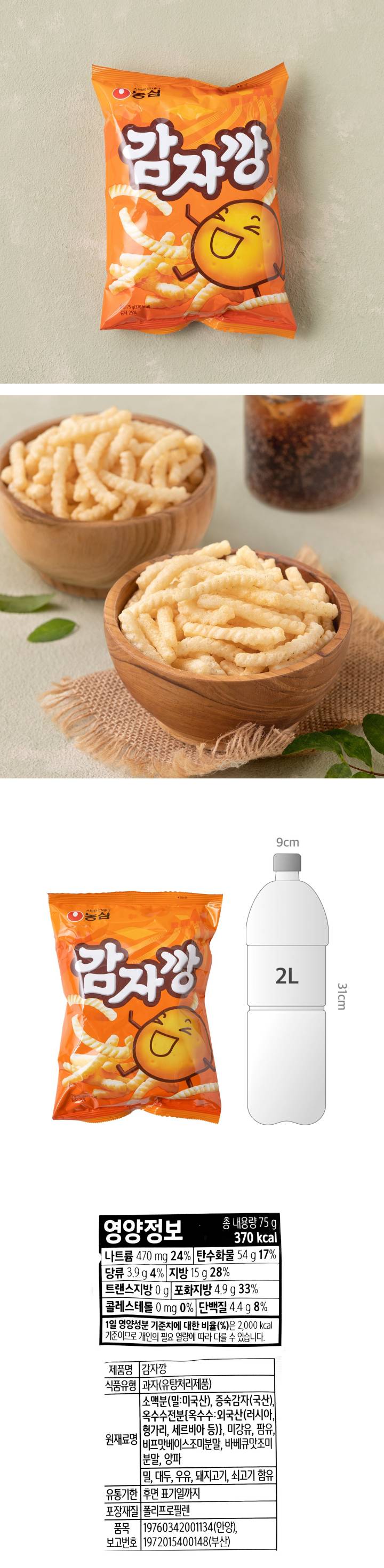 제품명 감자깡 식품유형 과자(유탕처리제품) 원재료명 소맥분(밀:미국산),증숙감자(국산),옥수수전분[옥수수:외국산(러시아,헝가리,세르비아등)],미강유,팜유,비프맛베이스조미분말,바베큐맛조미분말,양파 밀,대두,우유,돼지고기,쇠고기 함유 유통기한 후면 표기일까지 포장재질 폴리프로필렌 품목보고번호 19760342001134(안양),1972015400148(부산) 새우,토마토,게,땅콩,잣,닭고기,오징어,계란,조개류(굴,전복,홍합 포함)를 사용한 제품과 같은 시설에서 제조하고 있습니다. 직사광선을 피하고 서늘하고 건조한 곳에 보관하십시오. 개봉후 바로 드십시오. 간혹 과자에 있는 초록색 물질은 원료인 파슬리이오니 안심하고 드셔도 됩니다. 소비자기본법에 의거 교환,환불해드립니다. 부정불량식품 신고는 국번없이 1399 반품 본사 및 구입한곳 신선도 유지를 위해 질소충전포장을하였습니다. 영양정보 총내용량75G 370KCAL 나트륨470MG 24%, 탄수화물 54G 17%, 당류 3.9G 4%, 지방 15G 28%, 트랜스지방0G,포화지방 4.9G 33%, 콜레스테롤 0MG 0%, 단백질 4.4G 8% 1일 영양성분 기준치에 대한 비율(%)는 2,000kcal 기준이므로 개인의 필요 열량에 따라 다를수있습니다.