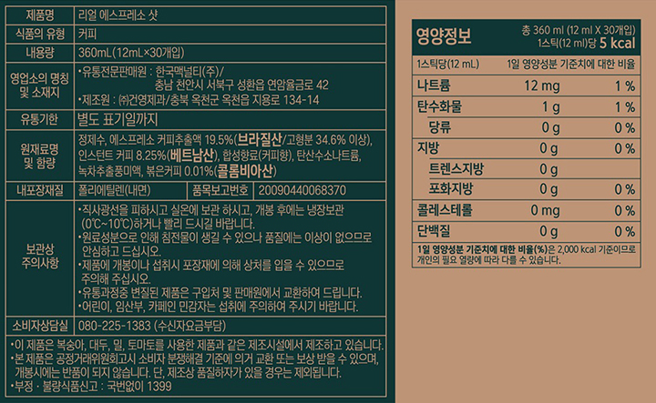 제품명: 리얼 에스프레소 샷 식품의 유형 커피 내용량 360ml(12ml*30개입) 영업소의 명칭 및 소재지 유통전문판매원 : 한국맥널티㈜ / 충남 천안시 서북구 성환읍 연암율금로 42 제조원㈜건영제과/ 충북 옥천군 옥천읍 지용로 134-14 유통기한 별도 표기일까지 원재료명 및 함량 정제수, 에스프레소, 커피추출액 19.5%,(브라질산/고형분 34.6% 이상), 인스턴트 커피 8.25%(베트남산), 합성향료(커피향), 탄수소나트륨, 녹차추출풍미액, 볶은커피 0.01%(콜롬비아산) 내포장재질 폴리에틸렌(내면) 품목보고번호 20090440068370 보관상 주의사항 직사광선을 피하시고 실온에 보관 하시고, 개봉 후에는 냉장보관(0도~10도)하거나 빨리 드시기 바랍니다.  원료성분으로 인해 침전물이 생길 수 있으나, 품질에는 이상이 없으므로 안심하고 드십시오. 제품에 개봉이나 섭취시 포장재에 의해 상처를 입을 수 있으므로 주의해 주십시오. 유통과정 중 변질된 제품은 구입처 및 판매원에서 교환하여 드립니다. 어린이, 임산부, 카페인 민감자는 섭취에 주의하여 주시기 바랍니다. 소비자 상담실 080-225-1383(수신자요금부담) 이 제품은 복숭아, 대두, 밀, 토마토를 사용한 제품과 같은 제조시설에서 제조하고 있습니다. 본 제품은 공정거래위원회고시 소비자 분쟁해결 기준에 의거 교환 또는 보상 받을 수 있으며, 개봉시에는 반품이 되지 않습니다. 단, 제조상 품질하자가 있을 경우는 제외됩니다. 부정, 불량식품신고 : 국번없이 1399 영양정보 총 360ml(12ml*30개입) 1스틱(12ml)당 5kcal 나트륨 12mg[1%], 탄수화물 1g[1%], 당류 0g[0%], 지방 0g[0%], 트렌스지방 0g, 포화지방 0g[0%], 콜레스테롤 0mg[0%], 단백질 0g[0%] 1일 영양성분 기준치에 대한 비율(%)은 2,000kcal 기준이므로 개인의 필요 열량에 따라 다를 수 있습니다.
