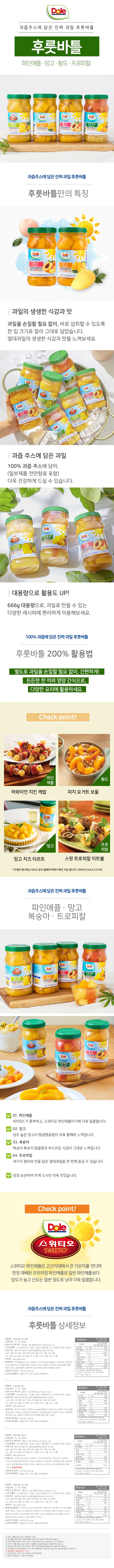 후룻바틀 황도 / 식품유형 : 과채가공품 / 원산지및제조원 : 필리핀 / 돌 필리핀/ 수입판매원 :(유)돌코리아 / 서울시 강남구 영동대로 511(트레이드타워 1204호) / 유통기한 : 병목 표시일까지 [읽는법 년월일순] / 내용량 : 666g(400kcal) / 원재료명 : 파인애플 62.613% , 과채주스 37.38%[파인애플주스98.598%,아세로라주스농축액 0.752%(배합함량 아세로라 100%),레몬주스농축액0.399%(배합함량레몬100%),파인애플주스농축액 0.251%(배합함량파인애플100%) / 성분명및함량 : 비타민C 100mg / 용기(포장)재질 : 필름,용기,뚜껑 폴리프로필렌PP / 제품명 : 후룻바틀 망고 / 식품유형 : 과채가공품 / 원산지및제조원 : 태국산 돌 태국 / 수입판매원 : (유) 돌코리아 서울시 강남구 영동대로 511(트레이드타워) / 유통기한 : 병목 표시일까지 [읽는법 년월일순] / 내용량 : 666g(465kcal) / 원재료명 : 망고55.55%,과채주스44.44[정제수,백포도주스농축액27.9%(배합함량백포도100%),아세로라주스농축액1.3%(배합함량아세로라100%),천연향료(망고향)0.3%,레몬주스농축액0.037(배합 함량레몬100%) / 용기(포장)재질 : 필름,용기,뚜껑 폴리프로필렌(PP) / 