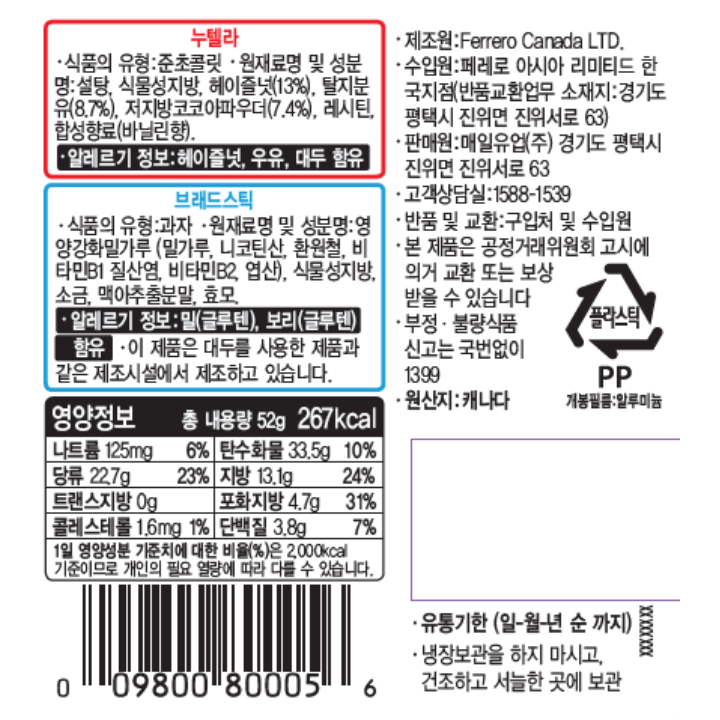 누텔라 식품의 유형:준초콜릿 원재료명 및 성분명:설탕, 식물성지방, 헤이즐넛(13%), 탈지분유(8.7%), 저지방코코아파우더(7.4%), 레시틴, 합성향료(바닐린향) 알레르기 정보:헤이즐넛, 우유, 대두 함유 브래드스틱 식품의 유형:과자 원재료명 및 성분명:영양강화밀가루 (밀가루, 니코틴산, 환원철, 비타민B1 질산염, 비타민B2, 엽산), 식물성지방, 소금, 맥아추출분말, 효모. 알레르기 정보:밀(글루텐), 보리(글루텐) 함유 이 제품은 대두를 사용한 제품과 같은 제조시설에서 제조하고 있습니다. 영양정보 총 내용량 52g 267kcal 나트륨 125mg 6% 탄수화물 33.5g 10% 당류 22.7g 23% 지방 13.1g 24% 트랜스지방 0g 포화지방 4.7g 31% 콜레스테롤 1.6mg 1% 단백질 3.8g 7% 1일 영양성분 기준치에 대한 비율(%)은 2,000kcal 기준이므로 개인의 필요 열량에 따라 다를 수 있습니다. 제조원:Ferrero Canada LTD. 수입원:페레로 아시아 리미티드 한국지점(반품교환업무 소재지:경기도 평택시 진위면 진위서로 63) 판매원:매일유업(주) 경기도 평택시 진위면 진위서로63 고객상담실:1588-1539 반품 및 교환:구입처 및 수입원 본 제품은 공정거래위원회 고시에 의거 교환 또는 보상 받을 수 있습니다. 부정.불량식품 신고는 국번없이 1399 원산지:캐나다 플라스틱 PP 개봉필름:알루미늄 유통기한 (일-월-년 순 까지) 냉장보관을 하지 마시고, 건조하고 서늘한 곳에 보관