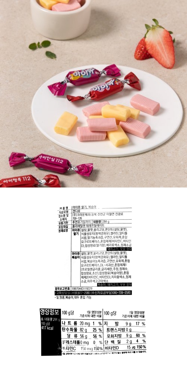 제품명 마이쮸 딸기,복숭아 식품유형 캔디류 업소명 및 소재지㈜크라운제과/충북 진천군 이월면 진광로 709-126 유통기한 후면표기일까지 내용량 284g 포장재질 폴리프로필렌 원재료명 (마이쮸딸기) 설탕,물엿,올리고당,폰단트(설탕,물엿), 식물성유지(팜헥경화유),젤라틴,말티돌시럽, 딸기농축과즙, 구연산, 유화제, 혼합요구르트베이스, 혼합제제(비타민C,비타민D), 합성향료(딸기향), 베리류색소, 정제소금, 돼지고기, 우유 함유 (마이쮸 복숭아) 설탕,물엿, 올리고당, 폰단트(설탕,물엿),식물성유지(팜핵경화유),젤라틴,알티돌시럽,복숭아농축과즙, 구연산, 유화제, 혼합 요구르트베이스,DL-사과산, 혼합제제1(프로필렌글리톨,글리세린,주정,정제수,합성향료,초산), 합성향료(복숭아향), 혼합제제2(비타민C,비타민D), 치자황색소, 정제소금, 자주색고구마색소, 복숭아, 돼지고기, 우유 함유 품목보고번호 19970443119229 고객상담실 (서울) 977-2580  (수신자요금부담) 080-709-2580 밀,땅콩,복숭아,대두 혼입 가능. 교환 및 반품: 본사고객상담실 및 영업소 혹은 구입한 곳. 소비자 기본법에 의한 피해 보상. 부정,불량 식품 신고는 국번없이 1399. 직사광선을 피하고 온도, 습도가 낮으며 통풍이 잘 되는 곳에 보관해 주십시오. 생산공정상 간혹 빈 봉지가 나올 수 있으나 컴퓨터로 계량하므로 중량에는 차이가 없습니다. 치아가 좋지 않으신 분은 드실 때 주의를 요합니다.  영양정보 제공량 284g 100g당 417kcal 나트륨 20mg(1%), 탄수화물 82g(25%), 당류 56g(56%), 콜레스테롤0mg(0%), 비타민C 150mg(150%), 지방 9g(17%), 트랜스지방 0g, 포화지방 9g(60%), 단백질 2g(4%) 비타민D 15mg(150%) 1일 영양성분 기준치에 대한 비율(%)은 2,000kcal 기준이므로 개인이 필요 열량에 따라 다를 수 있습니다.
