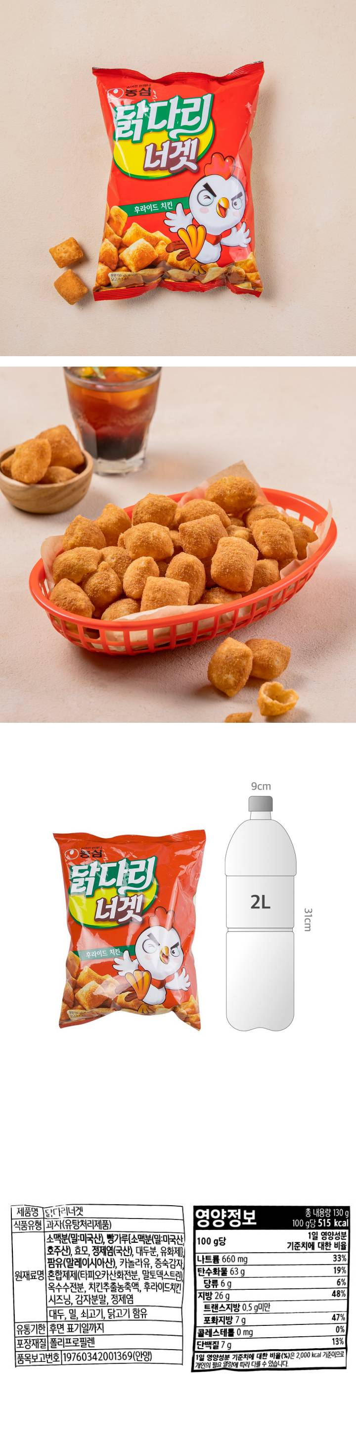 영양정보 총 내용량 130g 100g당 515kcal 100g당 1일 영양성분 기준치에 대한 비율 나트륨 660mg 33% 탄수화물 63g 19% 당류 6g 6% 지방 26g 48% 트랜스지방 0.5g 미만 포화지방 7g 47% 콜레스테롤 0mg 0% 단백질 7g 13% 1일 영양성분 기준치에 대한 비율(%)은 2,000kcal 기준이므로 개인의 필요 열량에 따라 다를 수 있습니다. 제품명 닭다리너겟 식품유형 과자(유탕처리제품) 원재료명 소맥분(밀:미국산), 빵가루[소맥분(밀:미국산,호주산), 효모, 정제염(국산), 대두분, 유화제], 팜유(말레이시아산), 카놀라유, 증숙감자, 혼합제제(타피오카산화전분, 말토덱스트린), 옥수수전분, 치킨추출농축액, 후라이드치킨시즈닝, 감자분말, 정제염 대두, 밀, 쇠고기, 닭고기 함유 유통기한 후면 표기일까지 포장재질 폴리프로필렌 토마토,우유, 돼지고기, 계란, 잣, 오징어, 새우, 게, 땅콩, 조개류(굴, 전복, 홍합 포함)를 사용한 제품과 같은 시설에서 제조하고 있습니다. 직사광선을 피하고 서늘하고 건조한 곳에 보관하십시오. 개봉 후 바로 드십시오. 소비자기본법에 의거 교환, 환불해 드립니다. 부정.불량식품 신고는 국번없이 1399 반품:본사 및 구입한 곳. 신선도 유지를 위해 질소충전포장을 하였습니다. 비닐류 OTHER