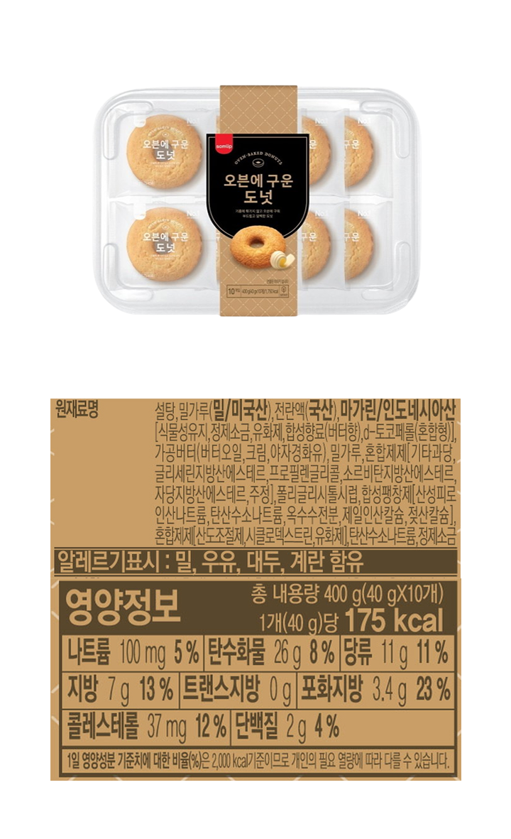 원재료명 : 설탕,밀가루(밀 미국산) 전란액(국산) , 마가린 / 인도네시아산[식물성유지,정제소금,유화제,합성향료(버터향),d-토코페롤(혼합형),가공버터(버터오일,크림,야자경화유)밀가루,혼합제제[기타과당,글리세린지방산에스테르,프로필렌글리콜,소르비탄지방산에스테르,자당지방산에스테르,주정],폴리글리시톨시럽,합성팽창제[산성피로인산나트륨,탄산수소나트륨,옥수수번분,제일인산칼슘,젖산칼슘],혼합제제[산도조절제,시클로덱스트린,유화제],탄산수소나트륨,정제소금/ 알레르기표시 : 밀,우유,대두,계란함유 / 영양정보 총 내용량 400g (40g x 10개) 1개(40g)당 175kcal / 나트륨100mg 5% / 탄수화물 26g 8% / 당류11g 11% / 지방7g 13% / 트랜스지방0g/ 포화지방3.4g 23% / 콜레스테롤 37mg 12% / 단백질2g 4% / 1일 영양성분 기준치에 대한 비율(%)은 2,000kcal 기준이므로 개인의 필요 열량에 따라 다를 수 있습니다. 