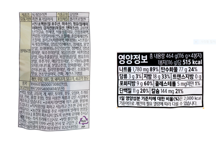 제품명: 육개장라면 식품유형: 유탕면 유통기한: 측면 표기일까지 포장재질: 폴리에틸렌 원재료명: 면/소맥분(호주산, 미국산),팜유(말레이시아산),감자전분(독일산,덴마크산), 글루텐, 난각칼슘,정제염,식물성풍미유,간장조미액,면류첨가알칼리제(산도조절제),혼합제제(산도조절제),올리고녹차풍미액,비타민B. 스프류/육개장조미료,양념간장베이스,정제염,물엿분말,조미아미노산간장분말,정백당,양념풍미분,육수조미분만,볶음양념분,비프양념분말,마늘추출물분말,복합양념분말,팜유조미분말,후추가루,매운맛조미분,5'-리보뉴클레오티드이나트륨,분말고추장,양파풍미분,호박산이나트륨,칠리맛풍미분,레시틴,소용돌이맛살,건조맛살어묵,건파,계란스크램블. 계란,우유,대두,밀,돼지고기,닭고기,쇠고기 함유. 품목보고번호: 19860360007308(안성), 19720154001414(부산) 메밀,땅콩,고등어,게,새우,토마토,호두,오징어,조개류(굴,전복,홍합 포함)를 사용한 제품과 같은 시설에서 제조하고 있습니다. 본 제품은 소비자기본법에 의거 교환,환불해드립니다. 보관상 주의사항: 직사광선을 피하고 서늘하고 건조한 곳에 보관하십시오. 본 제품은 농산물 원료를 주로 사용하여 벌레의 영향을 받기 쉬우니 포장이 파손되지 않도록 보관에 유의해 주시고 개봉 후에는 즉시 조리해 드십시오. 석유 등 냄새가 나는 곳에 함께 보관하지 말아 주십시오. 부정,불량식품 신고는 국번없이 1399 (주)농심 고객상담팀:수신자요금부담전화 080-023-5181 반품 및 교환장소: 본사, 각 공장, 각 영업지점 및 특약점 본사:서울특별시 동작구 여의대방로 112(신대방동) http://www.nongshim.com 영양정보 총 내용량 464g (116g x 4봉지) 1봉지(116g)당 515kcal 나트륨 1,780mg 89% 탄수화물 77g 24% 당류 3g 3% 지방 18g 33% 트랜스지방 0g 포화지방 9g 60% 콜레스테롤 5mg 1% 단백질11g 20% 칼슘 144mg 21% 1일 영양성분 기준치에 대한 비율(%)은 2,000kcal 기준이므로 개인의 필요 열량에 따라 다를 수 있습니다.