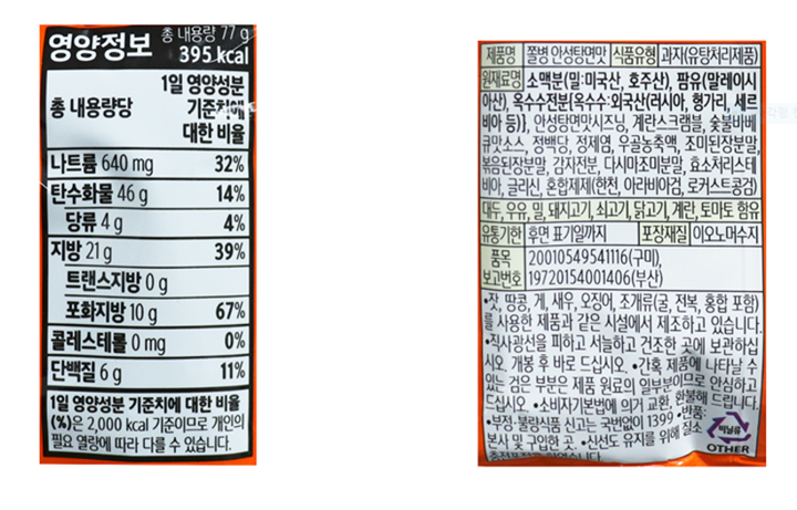 영양정보 총 내용량 77g 395kcal 총 내용량당 1일 영양성분 기준치에 대한 비율 나트륨 640mg 32% 탄수화물 46g 14% 당류 4g 4% 지방 21g 39% 트랜스지방 0g 포화지방 10g 67% 콜레스테롤 0mg 0% 단백질 6g 11% 1일 영양성분 기준치에 대한 비율(%)은 2,000kcal 기준이므로 개인의 필요 열량에 따라 다를 수 있습니다. 제품명 쫄병 안성탕면맛 식품유형 과자(유탕처리제품) 원재료명 소맥분(밀:미국산, 호주산), 팜유(말레이시아산), 옥수수전분{옥수수:외국산(러시아, 헝가리, 세르비아 등)}, 안성탕면맛시즈닝, 계란스크램블, 숯불바베큐맛소스, 정백당, 정제염, 우골농축액, 조미된장분말, 볶음된장분말, 감자전분, 다시마조미분말, 효소처리스테비아, 글리신, 혼합제제(한천, 아라비아검, 로커스트콩검)  대두, 우유, 밀, 돼지고기, 쇠고기, 닭고기, 계란, 토마토 함유 유통기한 후면 표기일까지 포장재질 이오노머수지 잣, 땅콩, 게, 새우, 오징어, 조개류(굴, 전복, 홍합 포함)를 사용한 제품과 같은 시설에서 제조하고 있습니다. 직사광선을 피하고 서늘하고 건조한 곳에 보관하십시오. 개봉 후 바로 드십시오. 간혹 제품에 나타날 수 있는 검은 부분은 제품 원료의 일부분이므로 안심하고 드십시오. 소비자기본법에 의거 교환, 환불해 드립니다. 부정.불량식품 신고는 국번없이 1399 반품:본사 및 구입한 곳. 신선도 유지를 위해 질소충전포장을 하였습니다. 비닐류 OTHER