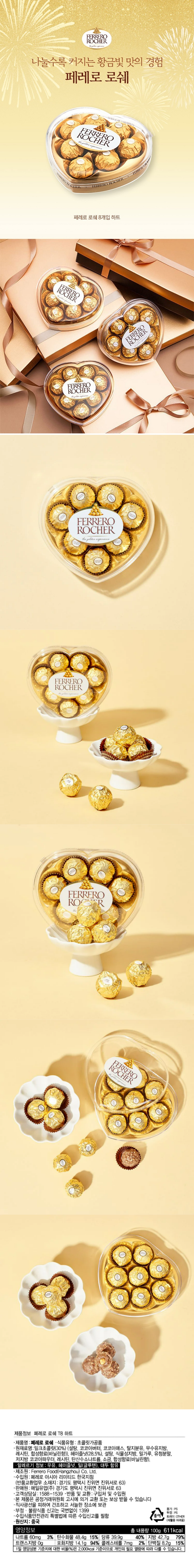 제품명: 페레로로쉐 / 식품의 유형 : 초콜릿가공품 / 원재료명 및 성분명 : 밀크초콜릿(30%) (설탕 ,코코아버터,코코아매스,탈지분유,무수유지방,레시틴,합성향료(바닐라향),헤이즐넛(28.5%),설탕,식물성지방,밀가루,유청분말,저지방코코아파우더,레시틴,탄산수소나트륨,소금,합성향료(바닐라항) / 알레르기 정보 : 우유,헤이즐넛,밀(글루텐),대두함유 / 제조원 FERRERO INDUSTRIALE ITALA S. r.l. / 수입원 : 페레로 아시아 리미티드 한국지점 (반품교환업무 소재지 : 경기도 평택시 진위면 진위서로 63) / 영양정보 (총내용량 100g 611kcal / 나트륨 60mg 3% / 탄수화물 48.4g 15% / 당류 39.9g 40% / 지방 42.7g 79% / 트랜스지방 0g / 포화지방 14.1g 94% / 콜레스테롤 7mg 2% / 단백질 8.2g 15% / 1일 영양성분 기준치에 대한 비율(%)은 2,000kcal 기준이므로 개인의 필요 열량에 따라 다를 수 있습니다. / 판매원 : 매일유업(주) 경기도 평택시 진위면 진위서로 63 / 고객상담실 : 1588-1539 / 반품 및 교환 : 구입처 및 수입원 / 직사광선을 피하여 건조하고 서늘한 장소에 보관 / 본 제품은 공정거래위원회 고시에 의거 교환 또는 보상 받을 수 있습니다. / 부정 불량식품 신고는 국번없이 1399 / 원산지 : 이탈리아 / 내용량 : 100g(611kcal) / 1회 섭취참고량(30g) 당 183kcal 