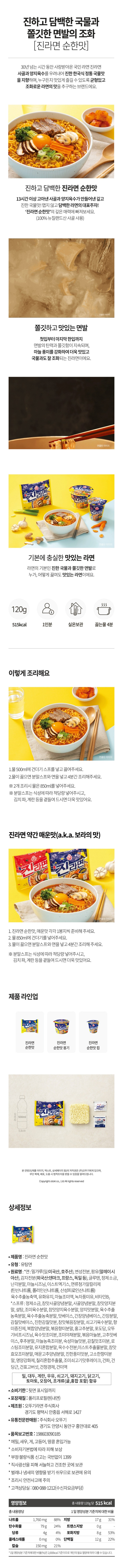 원재료명: 면: 소백분(밀: 미국산, 호주산) , 팜유(말레이시아산), 변성전분, 감자전분(외국산: 덴마크, 프랑스, 독일 등), 글루텐, 정제소금, 이스트엑기스, 육수추출농축액, 비타민B2, 녹차풍미유, 스프류: 정제소금, 설탕, 참맛사골양념분말, 사골양념분말, 참맛양지분말 조미육수분말, 비프베이스분말, 육수추출농축분말, 맛베이스, 간장양념베이스, 감칠맛베이스, 진한감칠맛분, 오뚜기참치간장분말, 참맛볶음장분말, 쇠고기육수분말, 향미증진제, 복합양념분말, 볶음향미분말, 홍고추분말, 포도당, 오뚜기비프시즈닝, 육수맛조미분, 조미야채분말, 볶음마늘분, 고추맛베이스,후추분말, 마늘농축조미분, 숙성마늘맛분, 감칠맛조미분, 로스팅조미분말, 유지혼합분말, 옥수수전분, 이스트추출물분말, 참맛효모조미분말, 매운고추양념분말, 영양강화제, 칠리혼합추출물, 조미쇠고기맛후레이크, 건파, 건당근, 건표고버섯, 건청경재, 건미역  밀 대두, 우유, 쇠고기, 닭고기, 조개류(굴, 홍합, 포함) 함유 유통기한: 옆면 표시일까지 포장재질: 폴리프로필렌(내면) 품목보고번호: 1986030901830 유통전문판매원: 주식회사 오뚜기 경기도 안양시 동안구 흥안대로 405 www. ottogi.co.kr 제조원: 오뚜기라면 주식회사 경기도 평택시 안중읍 덕우로 423 영양정보 총 내용량 120g 500kcal 나트륨 1780mg 89%, 탄수화물 77g 24%, 당류 4g  4% 지방 16g 30% 트랜스지방 0g 포화지방 8g 53% 콜레스테롤 0mg 0% 단백질 12g 22% 칼? 150mg 21% 1일 영양성분 기준치에 대한 비율(%)은 2000kcal 기준이므로 개인의 필요 열량에 따라 다를 수 있습니다. 메밀, 토마토, 새우, 게, 고등어, 땅콩, 혼입가능 소비자기본법에 따라 피해 보상 부정 불량 식품 신고는 국번없이 1399 직사광선을  피해 서늘하고 건조한 곳에 보관 벌레나 냄새의 영향을 받기 쉬우므로 보관에 유의 조리시 안전사고에 주의 고객상담실: 080-088-1212(수신자요금부