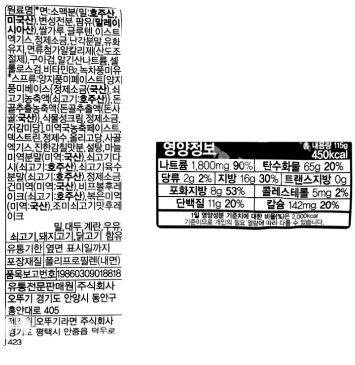 원료명: *면: 소맥분(밀: 호주산), 변성전분, 팜유(말레이시아산), 쌀가루, 글루텐, 이스트엑기스, 정제소금, 난각분말, 유화유지, 면류첨가알칼리제(산도조절제), 구아검, 알긴산나트륨, 셀룰로스검, 비타민B2, 녹차풍미유 *스프류: 양지풍미페이스트[양지풍미베이스{정제소금(국산), 쇠고기농축액(쇠고기:호주산)}, 돈골추출농축액{돈골추출액(돈사골:국산)}, 식물성크림, 정제소금, 저감미당], 미역국농축페이스트, 덱스트린, 정제수, 올리고당, 사골엑기스, 진한감칠맛분, 설탕, 마늘, 미역분말(미역:국산), 쇠고기다시(쇠고기:호주산), 쇠고기육수분말(쇠고기:호주산), 정제소금, 건미역(미역:국산), 비프볼후레이크(쇠고기:호주산), 볶은미역(미역:국산), 조미쇠고기맛후레이크 *밀, 대두, 계란, 우유, 쇠고기, 돼지고기, 닭고기 함유 유통기한: 옆면 표시일까지 포장재질: 폴리프로필렌(내면) 품목보고번호: 19860309018818 유통전문판매원: 주식회사 오뚜기 경기도 안양시 동안구 흥안대로 405 제조원: 오뚜기라면 주식회사 경기도 평택시 안중읍 덕우로 423 *메밀, 토마토, 오징어, 새우, 게, 고등어, 땅콩, 조개류(굴, 홍합 포함) 혼입 가능 *소비자기본법에 따라 피해 보상 *부정 불량식품 신고는 국번없이 1399 *직사광선을 피해 서늘하고 건조한 곳에 보관 *벌레나 냄새의 영향을 받기 쉬우므로 보관에 유의 *조리시 안전사고에 주의 고객상담실: 080-088-1212 (수신자요금부담) 영양정보: 총 내용량 460g(115g x 4개) 1개(115g)당 450kcal : 나트륨 1,800mg 90%, 탄수화물 65g 20%, 당류 2g 2%, 지방 16g 30%, 트랜스지방 0g, 포화지방 8g 53%, 콜레스테롤 5mg 2%, 단백질 11g 20%, 칼슘 142mg 20% *1일 영양성분 기준치에 대한 비율(%)은 2,000kcal 기준이므로 개인의 필요 열량에 따라 다를 수 있습니다. 유형: 유탕면/ 460g{115g(450kcal)x4}/ 안전관리인증 