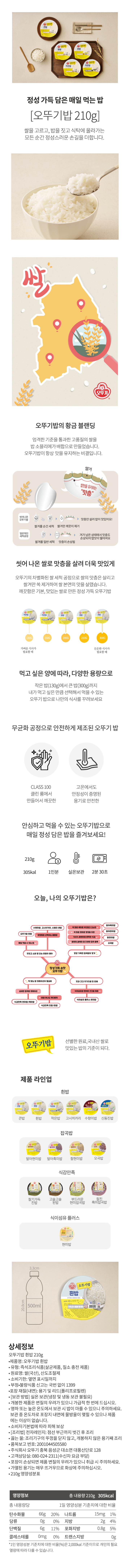 식품유형:즉석조리식품(살균제품,질소충전제품) 원재료명:쌀(국산),산도조절제 유통기한:하단 표시일까지 품목보고번호:2001044505580 포장재질:용기 및 리드(폴리프로필렌) 본 제품은 소비자 분쟁해결기준에 의거 교환 또는 보상받을 수 있습니다. 부정,불량 식품 신고는 국번없이 1399 만일 본 제품에 이상이 있을 때(부푼 제품 등)는 드시지 마시고 구입처 또는 영업소에서 교환하시기 바랍니다. 사용 후 포장지는 반드시 분리배출하여 주십시오. 주의사항:가열된 용기는 매우 뜨거우므로 화상에 주의하십시오. 포장이 손상되면 제품변질의 우려가 있으니 취급시 주의하세요. 고객상담실 080-024-2311(수신자 요금부담) 보관방법:실온 보관(냉장 및 냉동 보관 불필요) 개봉한 제품은 변질의 우려가 있으니 가급적 한번에 드십시오. 영하의 온도 또는 높은 온도에서 보관 시, 밥이 마를 수 있으니 주의하십시오. 총 내용량 1,260g(210gX6개) 1개(210g)당 열량 305kcal 나트륨 1% 15mg 탄수화물 20% 66g 당류 - 지방 4% 2g 트랜스지방 - 포화지방 5% 0.8g 콜레스테롤 - 단백질 11% 6g  1일 영양성분 기준치에 대한 비율(%)은 2,000kcal기준이므로 개인의 필요 열량에 따라 다를 수 있습니다.