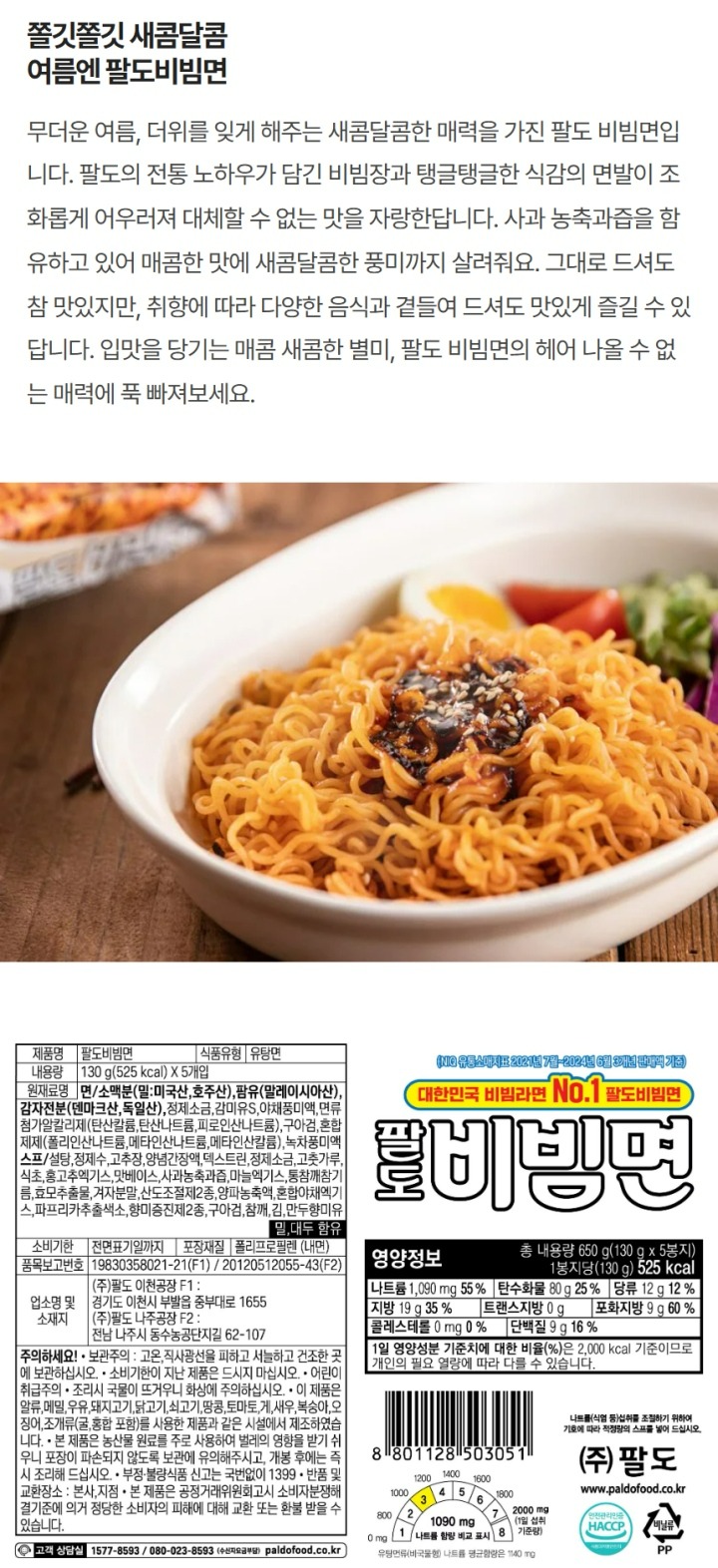 SINCE1984매콤한마늘과홍고추,새콤한사과과즙,달콤한양파가함유된비빔장과쫄깃한면발이입맛을당겨줍니다/조리법:1.600ml이상의끓는물에면을넣고3분간더끓입니다2.찬물에면을헹구고물기를완전히뺀후스프를넣고비빕니다3.오이,양배추,계란등과함께드시면더맛있습니다/영양정보:총내용량650g(130gx5봉지),1봉지당(130g)525kcal,나트륨1,090mg(55%),탄수화물80g(25%),당류12g(12%),지방19g(35%),트랜스지방0g,포화지방9g(60%),콜레스테롤0mg(0%),단백질9g(16%)/1일영양성분기준치에대한비율(%)은2,000kcal기준이므로개인의필요열량에따라다를수있습니다/나트륨(식염등)섭취를조절하기위하여기호에따라적정량의스프를넣어드십시오/제품명:팔도비빔면/식품유형:유탕면/내용량130g(525kcal)X5개입/원재료명:면/소맥분(미국산,호주산),팜유(말레이시아산),감자전분(독일산,덴마크산),정제염,감미유S,면류첨가알칼리제(탄산칼륨,탄산나트륨,피로인산나트륨),구아검,산도조절제,녹차풍미액스프/설탕,정제수,맛있는순창고추장,양념간장액,정제염,덱스트린,고춧가루,식초,홍고추엑기스,맛베이스,사과농축과즙,마늘엑기스,통참깨참기름,겨자분말,효모추출물,산도조절제,양파농축액,혼합야채엑기스,파프리카추출색소,구아검,향미증진제,참깨,김,만두향미유*스프중사과농축과즙(고형분함량72%)1.83%,맛있는순창고추장9.63%,통참깨참기름1.38%,밀,대두함유/유통기한:전면표기일까지/포장재질:폴리프로필렌(내면)/품목보고번호:19830358021-21(F1)/20120512055-43(F2)/업소명및소재지:(주)팔도이천공장F1:경기도이천시부발읍중부대로1655,(주)팔도나주공장F2:전남나주시동수농공단지길62-107/주의하세요,보관주의:고온,직사광선을피하고서늘하고건조한곳에보관하십시오/유통기한이지난제품은드시지마십시오/어린이취급주의/조리시국물이뜨거우니화상에주의하십시오/이제품은알류,메밀,우유,돼지고기,닭고기,쇠고기,땅콩,토마토,게,새우,복숭아,오징어,조개류(굴,홍합포함)를사용한제품과같은시설에서제조하였습니다/본제