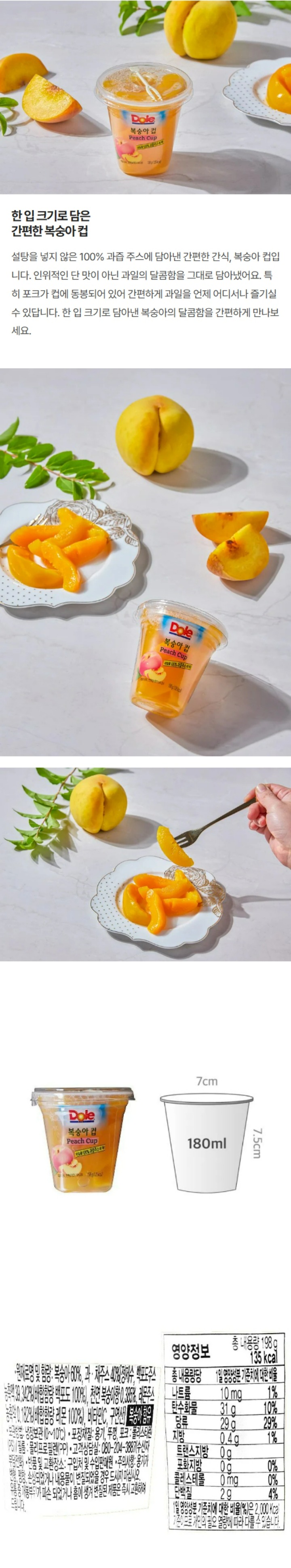 제품명: 돌 복숭아 컵(Dole Peach Cup) 내용량: 198g(140kcal) 식품유형: 과,채 가공품 원산지 및 제조원: 태국 산, 돌 태국(Dole Thailand, Ltd.) 수입판매원: (유)돌코리아/ 서울시 강남구 영동대로 511 (트레이드타워 1204호) 유통기한: 제품 밑면 표시일까지 [읽는법: 월(영문)/일/년 순으로] (JAN-1월, FEB-2월, MAR-3월, APR-4월, MAY-5월, JUN-6월, JUL-7월, AUG-8월, SEP-9월, OCT-10월, NOV-11월, DEC-12월) 원재료명: 복숭아61.111%, 과채주스 38.889%[정제수, 백포도주스농축액 37.7%(배합 함량 백포도 100%) 아세로라주스농축액 2%(배합 함량 아세로라 100%), 천연향료(복숭아향) 0.385%, 레몬주스농축액 0.037%(배합 함량 레몬 100%)] 성분명 및 함량: 비타민C(40mg) 보관방법: 냉장보관 포장재질: 용기, 필름 포크 : 폴리프로필렌(PP) / 뚜껑: 폴리에틸렌테레프탈레이드(PET) 고객상담실: 080-204-3887(수신자부담전화) 반품 및 교환장소: 구입처 및 수입판매원 주의사항: 용기가 변형, 팽창, 손상되었거나 내용물이 변질되었을 경우 드시지 마십시오. 유통 중 개봉부위가 파손 되었거나 흠이 생겨 변질된 제품은 즉시 교환하여 드립니다. 개봉 후에는 변질의 우려가 있으니 냉장보관하거나 가능한 빨리 드시기 바랍니다. 본 제품은 공정거래위원회 고시 소비자 분쟁해결기준에 의거 보상 받을 수 있습니다. 부정, 불량식품 신고는 국번없이 1399 영양정보 총 내용량 198g 140kcal 총 내용량당 1일 영양성분 기준치에 대한 비율 나트륨 10mg 1% 탄수화물 32g 10% 당류 29g 29% 지방 0.g 1% 트랜스지방 0g 포화지방 0g 0% 콜레스테롤 0mg 0% 단백질 2g 4% 비타민C 40mg 40% 1일 영양성분 기준치에 대한 비율(%)은 2,000kcal 기준이므로 개인의 필요 열량에 따라 다를 수 있습니