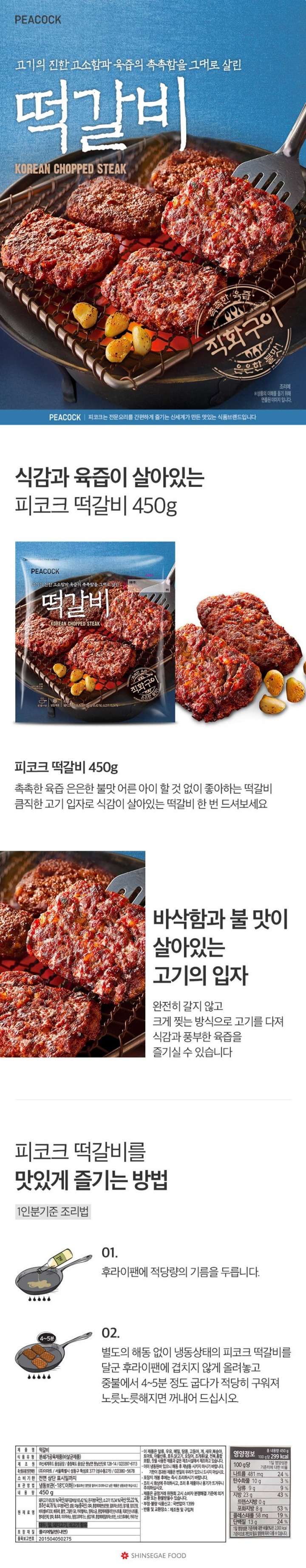 피코크 떡갈비는 쇠고기와 국내산 돼지고기의 갈비살을 배합해 부드러운 맛을 최대로 살렸습니다. 특히 씹는 맛을 충분히 즐길수있도록 고기를 굵직하게 썰어 넉넉한 사이즈로 빚어낸 정성스러운 제품입니다. 철판에 초벌구이하고 직화공정으로 불맛을 가미했기 때문에 떡갈비 본연의 맛을 즐길수있습니다.조리방법(1인분기준) 1후라이팬에 적당량의 기름을 두릅니다. 2별도의해동없이 냉동상태의 피코크 떡갈비를 달군 후라이팬에 겹치지 않게 올려놓고 중불에서 4~5분정도 굽다가 적당히 구워져 노릇노릇해지면 꺼내어 드십시오. 제품명 떡갈비 식품유형 분쇄가공육제품(비살균제품) 유통기한 전면상단표시일까지 내용량450g 포장재질 폴리에틸렌(내면) 품목보고번호 201504050275 보관방법 냉동보관(영하18도이하)[필요하신 양만큼 덜어서 조리하시고 남은 제품은 냉동보관 하십시오] 원재료명 돼지고기65.55%(국산/돼지갈비살 65.42%),돈지방(국산),소고기15.34%(국산55.22%,호주산44.78%),우지방(국산),설탕 마늘(중국산),대파,혼합제제(변성제제(변성전분,말토덱스트린),참기름,양조간장,곡류가공품,베퓨레,물엿,복합조미식품,카라멜색소,정제소금,혼합제제(폴리인산나트륨,피로인산나트륨),향미증진제,양파,흑후추,치자적색소,청양고추엑기스, 생각가루,혼합제제(말토덱스트린,스모크후레바),카라기난 대두,밀,돼지고기,쇠고기함유 제조원(주)신세계푸드 음성공장/충청북도 음성군 원남면 원남산단로 128-14/02-3397-6113 축산물유통전문판매원(주)이마트/서울특별시 성동구 뚝섬로377(성수동2가)/02-380-5678 이제 품은 알류,우유,메밀,땅콩,고등어,게,새우,복숭아,토마토,아황산류,호두,닭고기,오징어,조개류(굴,전복,홍합포함),잣을 사용한 제품과 같은 제조시설에서 제조하고 있습니다. 본제품은 고기 일부에 뼈,연골이 혼입되어 섭취시 딱딱할수있으니 주의하시기 바랍니다. 이미 냉동된바 있으니 해동후 재냉동 시키지 마시기 바랍니다.유통기한이 경과된 제품은 변질의 우려가 있으니 드시지 마십시오. 포장